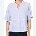 Nautica Womens Popover Short Sleeve Linen Blend Shirt Light Blue White Size L Photo 0