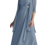 Azazie  WEISZ 2-Piece Dusty Blue A-Line Square Neckline Pleated Chiffon Dress 16 Photo 0