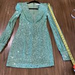 Mac Duggal Ieena for  26865 Sequin bishop long Sleeve sequin mini Dress green 0 Photo 10