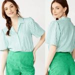 Draper James RSVP Button Front Bodysuit (S XS) Green & White Striped Puff Sleeve Photo 1