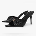 NEW Mules Heeled Sandals Vegan Leather High 3.5in Heels Pointed Peep Toe 7 Black Photo 6