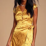 Lulus  Size Large Iconic Mustard Yellow Satin Faux Wrap Mini Dress NWT Photo 0