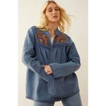 NWT Boutique Boho Floral Embroidered Blue Open front Jacket by Bohera Size L Photo 1