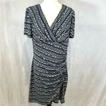 Evan Picone  navy and white chain link print faux wrap ruched dress size 16 Photo 2