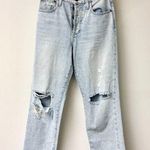 Alice + Olivia  High Rise Distressed Cuff Straight Leg Jeans Light Blue Womens 27 Photo 0