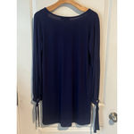 Lulus Tunic Blouse Womens Size L Dark Blue V Neck Long Peep Sleeve Bow Tassel Photo 9