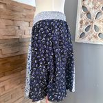 Maeve  Blue and White Leaf Print A-Line silk Skirt Photo 1