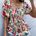 Tropical Print Shirred Milkmaid Blouse Size L Photo 3