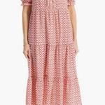 Max Studio 💕💕 Puff Sleeve Tiered Midi Dress Red/Cream Chnml Geo Print Large NWT Photo 2