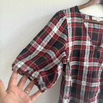 Loft Womens Shirt Blouse Red Black Plaid Puff Sleeve V Neck Size Medium Photo 4