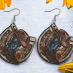 Western style‎ wooden with sunflower shape pattern drop hook earrings Brown Photo 0