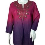 Chico's  Shirt Womens Medium Pink Purple Dip Dye Tunic Top Beaded Embellished Boho Photo 0
