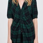 ZARA Green Draped plaid top with slit open front Size XS Photo 2
