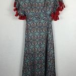 Anthropologie  Sachin + Babi Maxi Dress Size 2 Tasseled Red Blue Abstract Satin Photo 14