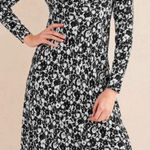 Boden Crew Neck Midi Tea Dress Long Sleeve Black Bloom Floral Size 2R Abstract White Photo 0