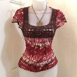 Maurice's Y2K Fairy Boho Grunge Granola Whimsical Red pink black blouse shirt top crotchet beaded square neckline short sleeve #whimsygoth #gothic Photo 1