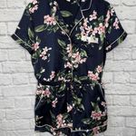 Victoria's Secret  Navy Blue Floral Satin Button Front Sleep Lounge Romper Size L Photo 0