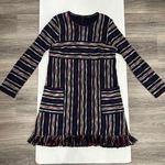BCBGMAXAZRIA BCBG Kathy Navy Red White Striped Mini Dress Med Boucle Fringe Pockets Textured Photo 0