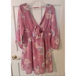 As You Wish AS U WISH Junior’s Mauve Pink Floral 3/4 Sleeve Tie Back Surplice Mini Dress Photo 4