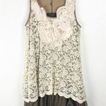 Ryu Brown Cream Crochet Tiered Lace Floral Sleeveless Lined Dress, Size Medium Photo 0
