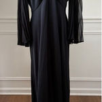 Vintage 70s Black Accordion Pleat Chiffon Bell Sleeve Long Dress Gown L XL Black Photo 0