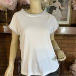 VINTAGE 1980'S WHITE WITH GRAY ACCENTS CAP SLEEVE KNIT TEE SHIRT (S) Photo 1
