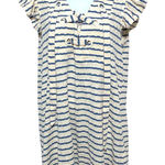 VOY Blue Striped Lace Up Neck Dress Sz L Coastal Nautical Crinkle Flutter Sleeve Size L Photo 0