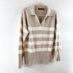 Zesica Long Sleeve V Neck Striped Polo Pullover Sweater Tan White Small Photo 3