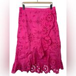 J.Crew NWT Women’s Pink Embroidered Eylet Ruffle Front Pull On Midi Skirt Medium Photo 1