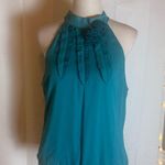 Chime Women’s XL Teal Halter Blouse with Pleated Ribbon & Floral Detail Green Photo 0