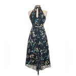 Banana Republic  Dress Halter Floral Satin Midi Navy Blue High Neck Ruffle 0P Photo 5