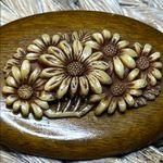 Vintage Floral Carved Celluloid Wooden Brooch Brown Photo 1