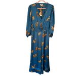 Umgee NWT Teal Satin 3/4 Balloon Sleeve Wide Leg Tiger Print Jumpsuit, Large Photo 1