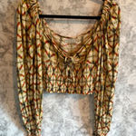 Urban Outfitters ‎ Outfitters Tie Front Top Smocked Long Sleeve Crop Blouse Bohemian L Photo 0