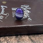 Handcrafted Purple Striped Glass Oval Cabochon Silver Stainless Steel Ring Photo 0