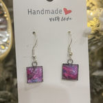 Handmade Poured Paint Square Earrings Swirl Stainless Steel Elderly Artisan Purple Photo 0