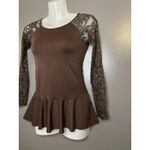 Ytongs Peplum Top Womens One Size Brown Lace Long Sleeve Mesh Sheer Boho Shirt Photo 2