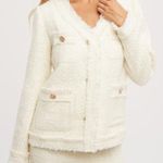 Bluivy Tweed Sparkle French Chic Gold Button Down Long Sleeve Frayed Blazer Photo 0