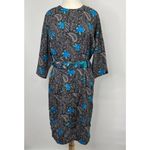Vintage Midi Dress Paisley Floral Printed Belted Black Blue Womens Medium Photo 4