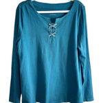 Talbots  Long Sleeve Lace Up Top Teal Blue Cotton Blend Size Large Photo 0