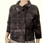 Eileen Fisher Boxy Short Jacket PM Stand Up Collar 3/4 Sleeve Gray Sheen Print Photo 0