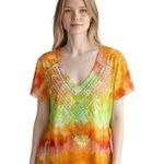 Reba  Medium Top Handmade Tie Dye Studded Short‎ Sleeve Western Orange Green 1078 Photo 0