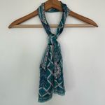 Halston III Vintage Silk Scarf Teal and White Geometric Silver Shimmer Boho Blue Photo 2