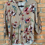 Staccato Floral Print Blouse Womens Size Small Tan Roll Tab Sleeve V-Neck Top Photo 0
