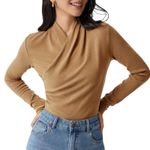 NWT OGL Eco Mousse Surplice Long Sleeve Top Size Small Cinnamon Buff Brown Photo 0