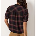 Cloth & Stone  Sunset Plaid Top Textured Henley Shirt Puff Sleeve Small Black Red Photo 1