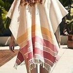 Tribe Alive Handmade Cotton Stripe Fringe Kaftan Poncho in Ivory/Pink OS Photo 0