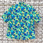 Vintage floral secretary blouse with kitten bow bold blue yellow green floral Size M Photo 3