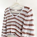 Altar'd State  Cropped Balloon Sleeve Striped Crochet Sweater Blue Brown Medium Photo 7
