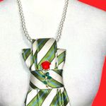 “Dainty Dapper”Green and White Striped Tie Necklace with dainty rose brooch Green Photo 1
